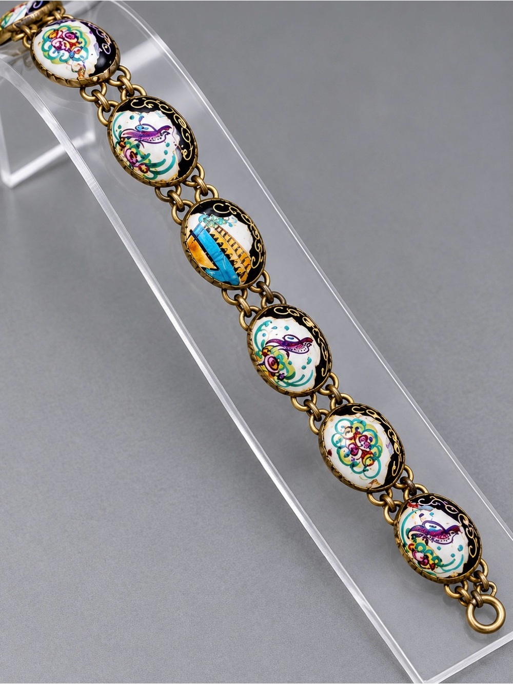 Hand-Painted Enamel Floral Link Bracelet - Multicolor